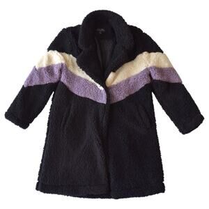 Love Tree Sherpa Colorblock Long Coat – Black/Purple/Cream (Small)